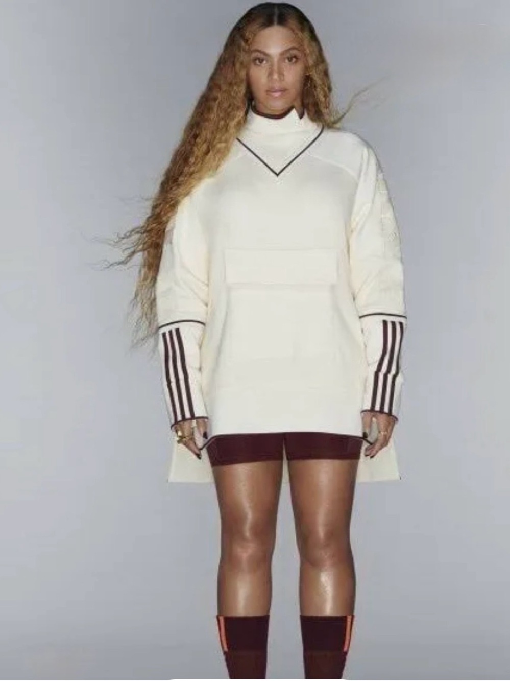 Adidas IVY PARK Cream Turtleneck Sweater with Contrasting Stripe Cuffs